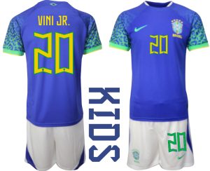 VINI JR.#20 Brasilien Bortatröja Barn FIFA VM 2022 Qatar Kortärmad + Korta byxor