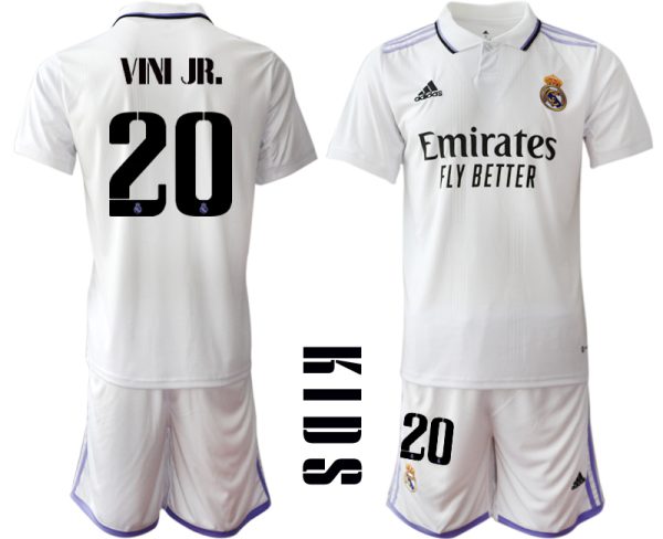 Real Madrid Hemmatröja Barn 2022-23 Kortärmad + Korta byxor med tryck VINI JR.20