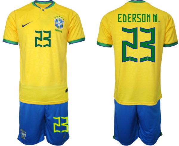 Brasilien Hemmatröja Herr VM 2022 Fotbollströjor med eget namn EDERSON M. 23