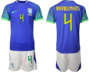 MARQUINHOS #4 Beställa Brasilien Bortatröja Herr VM 2022 Kortärmad + Korta byxor